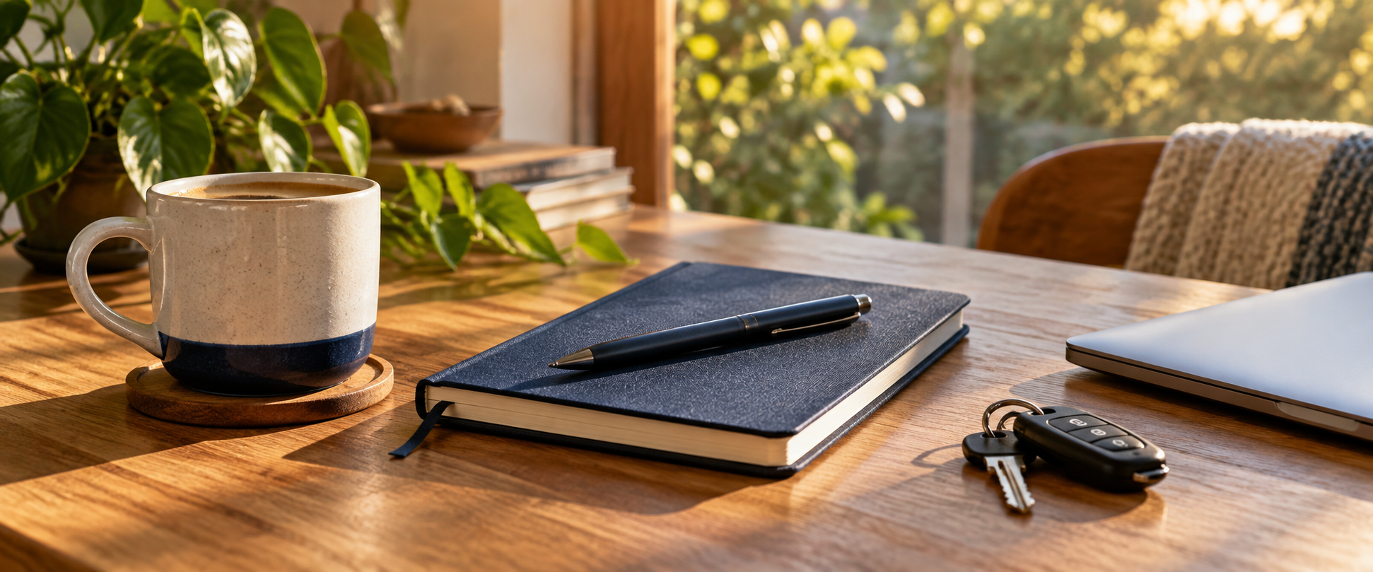 A blue notebook and pen beside car keys, a coffee cup and a closed laptop on a sunlit desk.